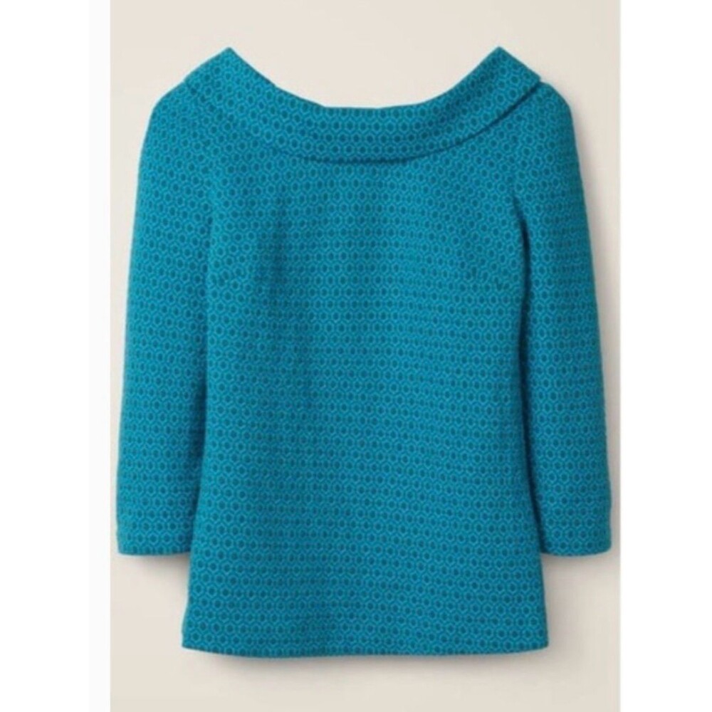 Boden Bessie Retro Teal Blue with an olive/gray print Jacquard Top Shirt with 3/